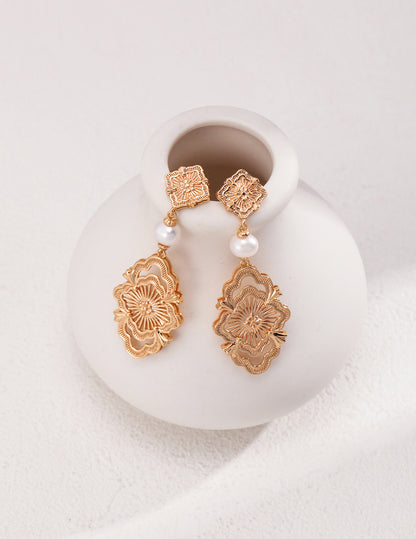 E01095-2 Elegant Vintage Middle Eastern Style S925 Silver Pearl Earrings ~