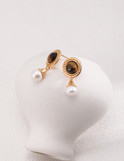 E01108  S925 Silver Tiger’s Eye Pearl Earrings – A whimsical and enchanting princess.