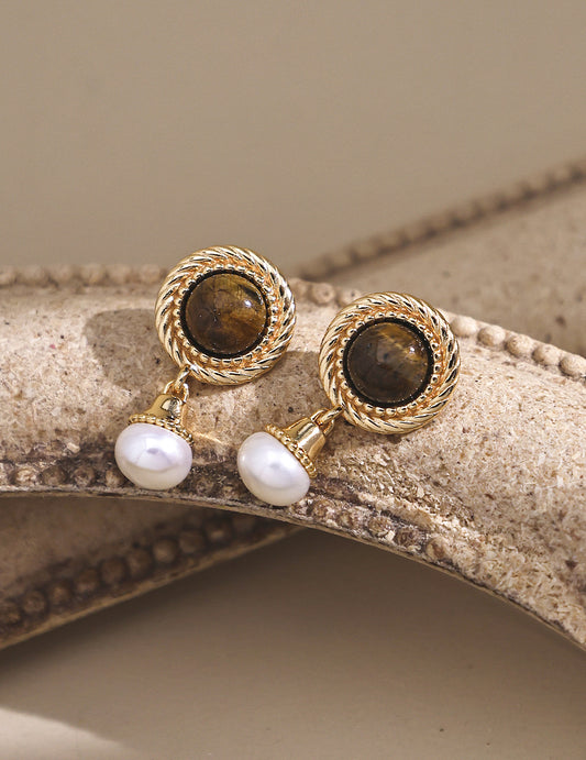 E01108  S925 Silver Tiger’s Eye Pearl Earrings – A whimsical and enchanting princess.