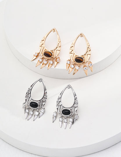E01161  S925 Silver Black Onyx / Tiger’s Eye Vintage Earrings
