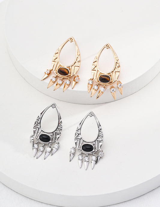 E01161  S925 Silver Black Onyx / Tiger’s Eye Vintage Earrings