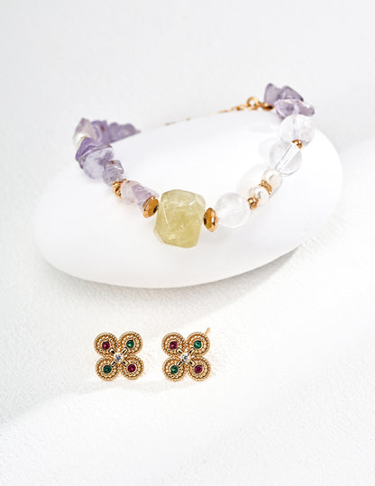 QL-SL0230  S925 Simple and Elegant Multicolor Crystal Bracelet. Featuring yellow crystal and amethyst as the highlights, with a carefully arranged design that showcases the unique beauty of both crystals…