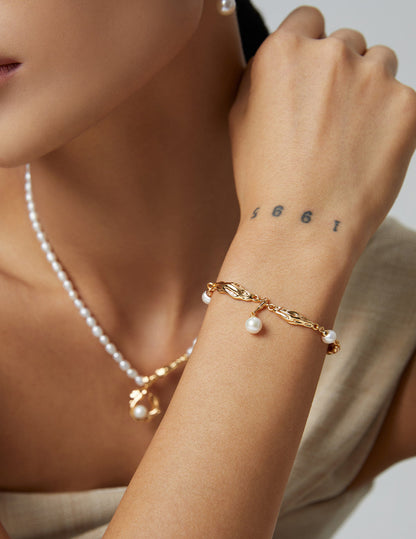 QL-YS0020 Natural Pearl Silk Ribbon Design Series — Pure Silver Pearl Bracelet，Necklace,Earrings