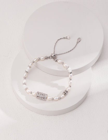 SL0117  Vintage S925 Silver Pearl Bracelet
