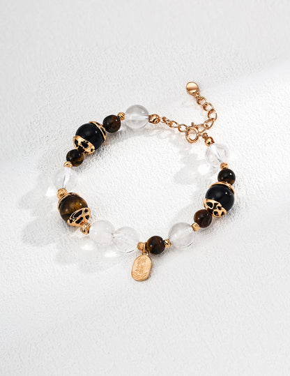 SL0231-2  S925 Silver Fashion Wealth-Bringing Tiger’s Eye & Black Onyx Crystal Pearl Bracelet
