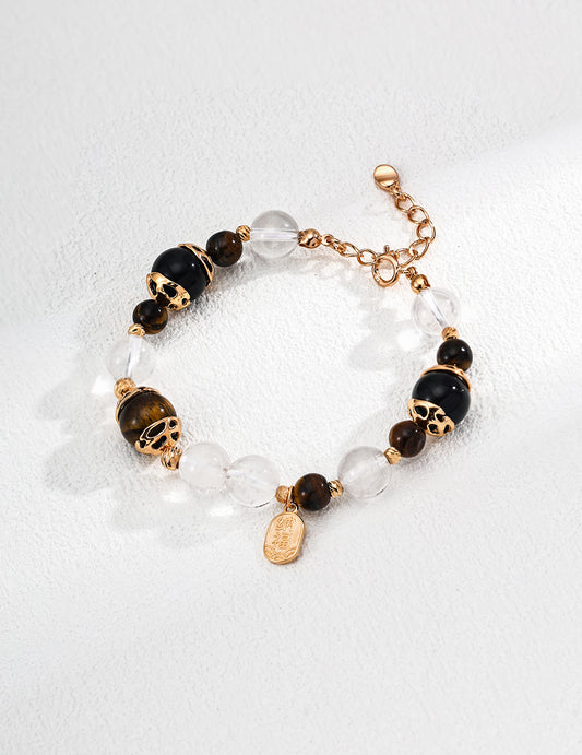 SL0231-2  S925 Silver Fashion Wealth-Bringing Tiger’s Eye & Black Onyx Crystal Pearl Bracelet