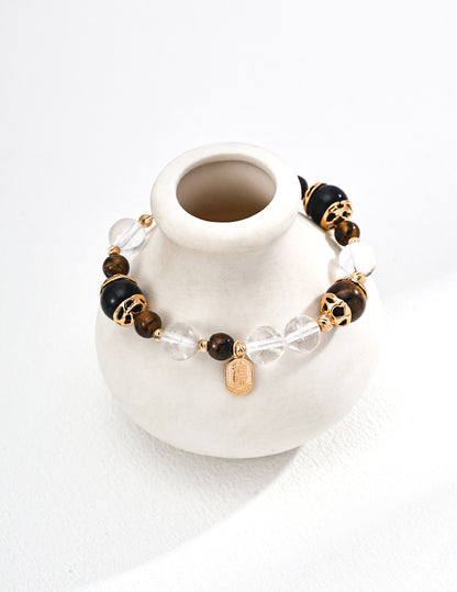 SL0231-2  S925 Silver Fashion Wealth-Bringing Tiger’s Eye & Black Onyx Crystal Pearl Bracelet