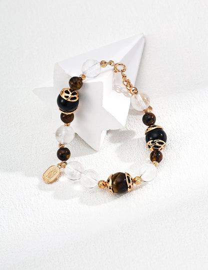 SL0231-2  S925 Silver Fashion Wealth-Bringing Tiger’s Eye & Black Onyx Crystal Pearl Bracelet