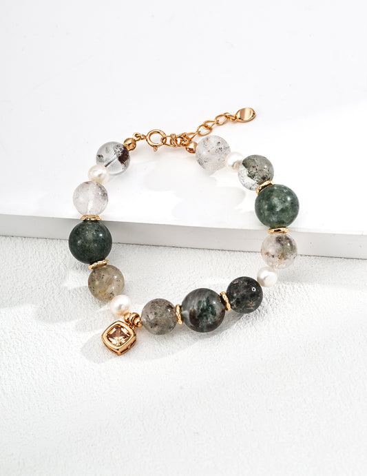 SL0232-2 S925 Silver Natural Pearl and Phantom Crystal Bracelet