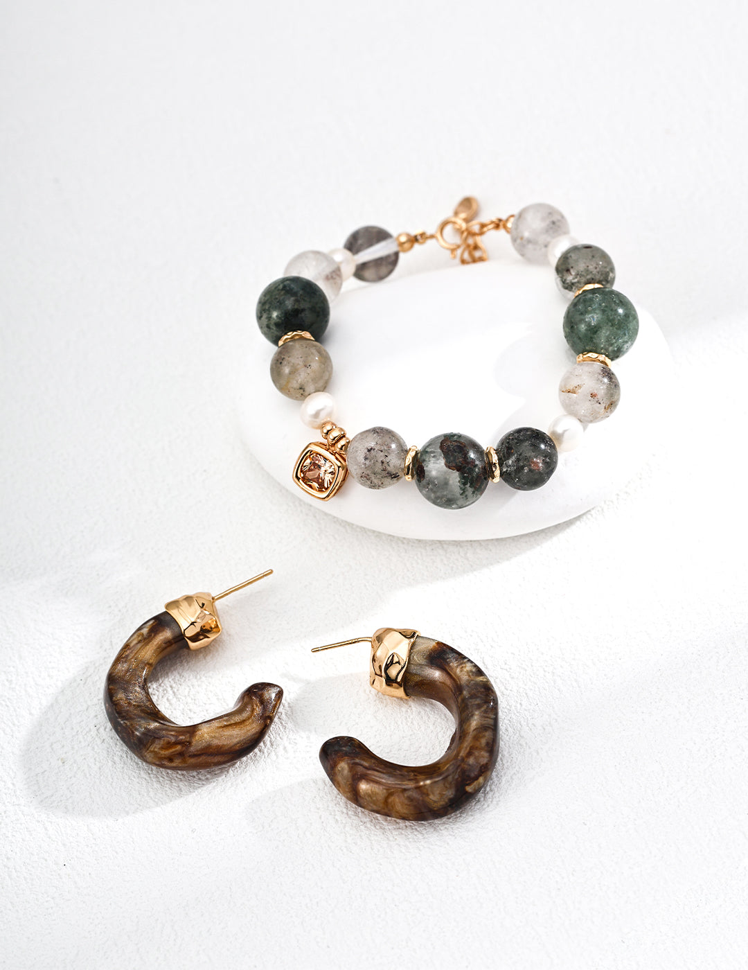 SL0232-2 S925 Silver Natural Pearl and Phantom Crystal Bracelet