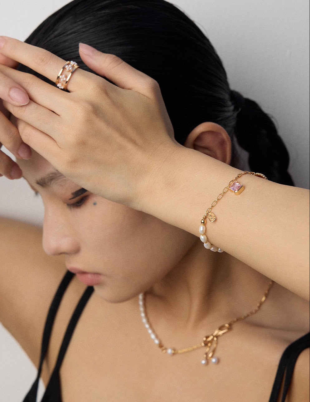 QL-SL0187-2  S925 Silver Vintage Natural Pearl and Zircon Bracelet，Earrings,Ring