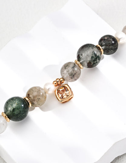 SL0232-2 S925 Silver Natural Pearl and Phantom Crystal Bracelet
