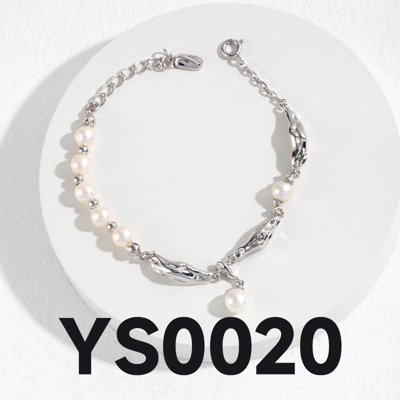 QL-YS0020 Natural Pearl Silk Ribbon Design Series — Pure Silver Pearl Bracelet，Necklace,Earrings