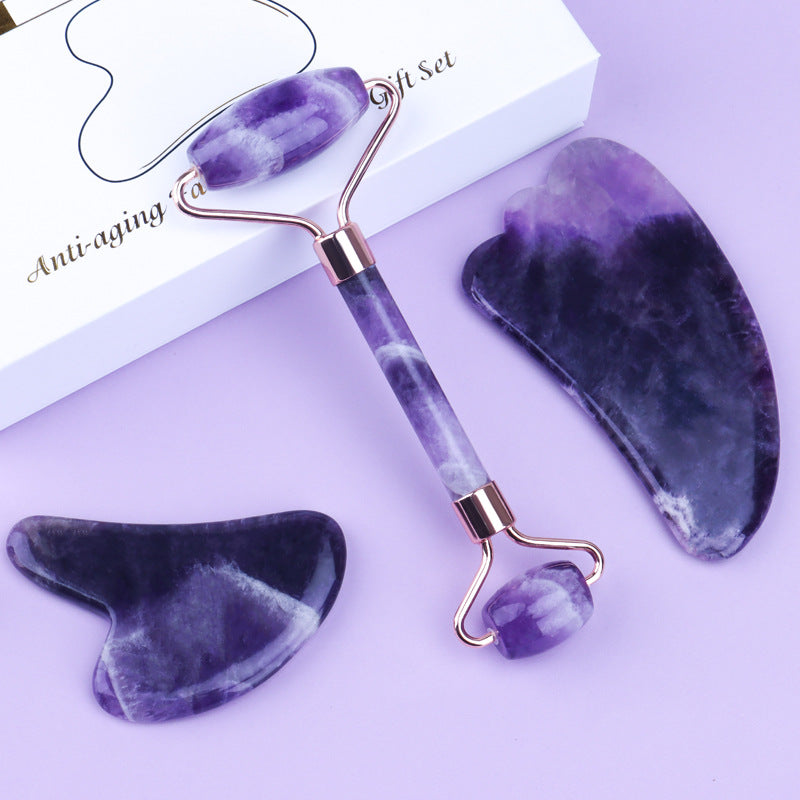 Amethyst Crystal Gua Sha & Heart Roller Gift Set